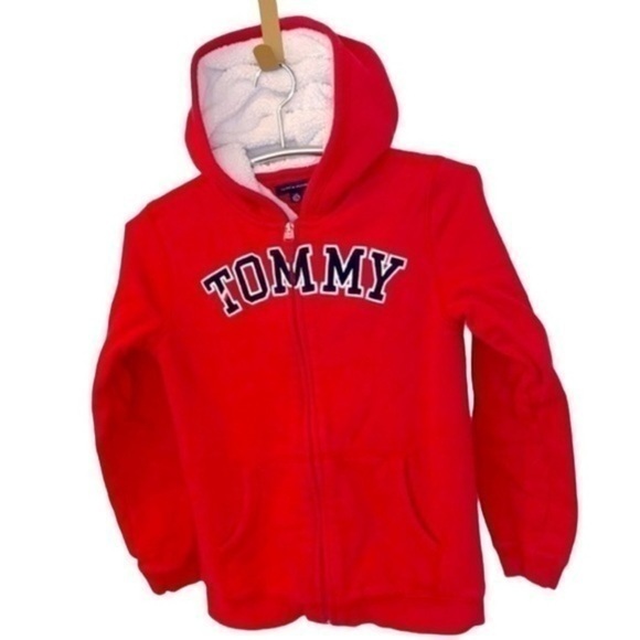 TOMMY HILFIGER | Red TOMMY HILFIGER Full Zip Fleece Linded Hooded Sweatshirt - Picture 1 of 9